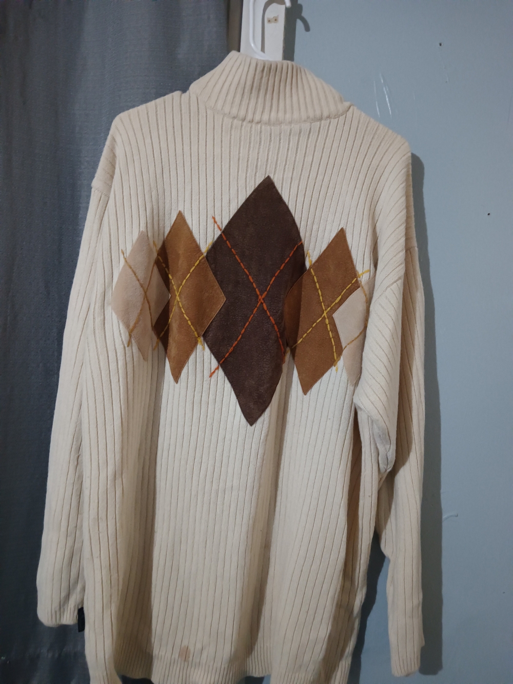 Men's Cream Argyle Mock Neck Sweater